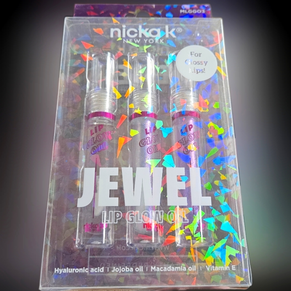 NWT NICKA K JEWEL LIP GLOW OIL TRIO: CRYSTAL CLEAR, STQR SAPPHIRE, LILAC PEARL!